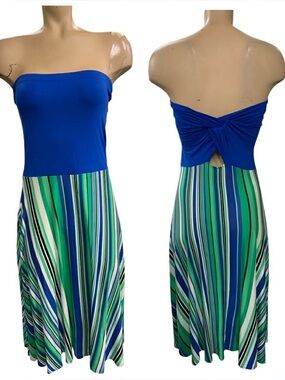 Felicity & Coco Royal Blue Strapless Dress with Green & White Striped Skirt S12